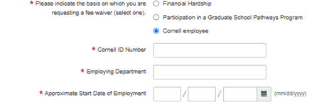 This screenshot shows the three text boxes to fill out when the applicant requests a fee waiver as a Cornell employee.