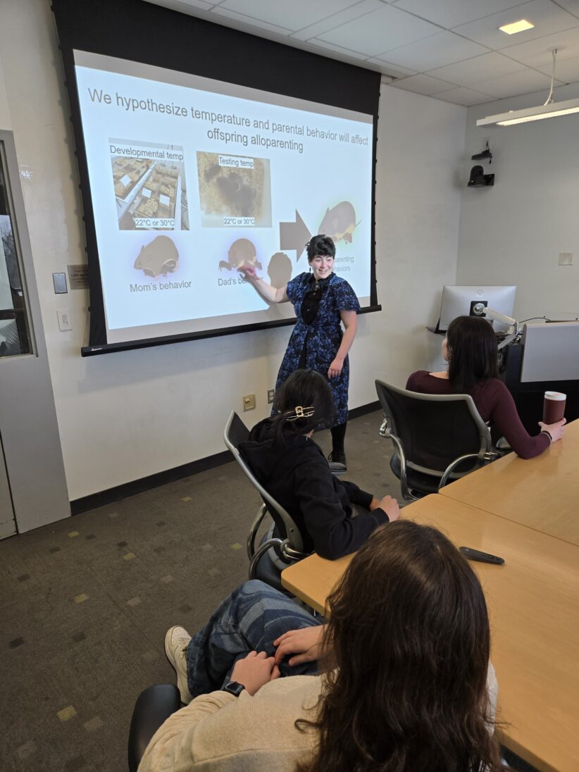 Rikki Laser stands in front of a screen, gesturing to the slide and speaking to students seated around a table