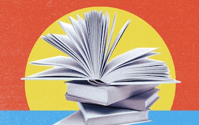 An illustration of an open book atop a stack of closed books