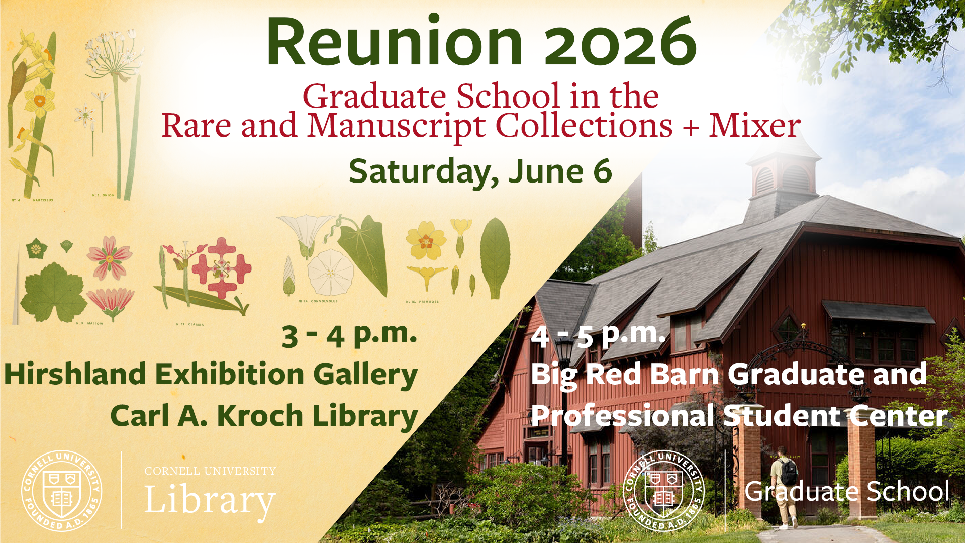 Reunion 2026: Graduate School in the Rare and Manuscript Collections + Mixer. Saturday, June 6, 3-4 p.m. Hirshland Exhibition Gallery, Carl A. Kroch Library. 4-5 p.m., Big Red Barn Graduate and Professional Student Center. Cornell University Library and Cornell University Graduate School.