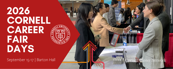 2026 Cornell Career Fair Days banner with image of students in business attire shaking hands across a booth