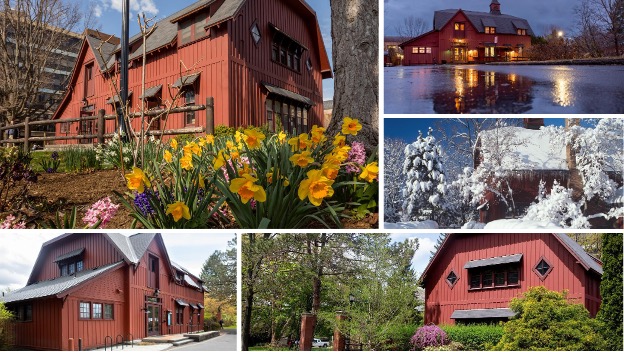 A collage, including the Barn in spring with daffodils blooming, the Barn in fall on a rainy evening, the Barn in winter covered in snow, the Barn in fall with colorful leaves behind it, and the Barn in spring with green flowers and a pink petaled plant along the side.